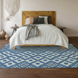 HomeRoots 8' X 10' Denim Blue & Silver Geometric Area Rug - Durable, Washable, UV-Protected for Modern Spaces 668722