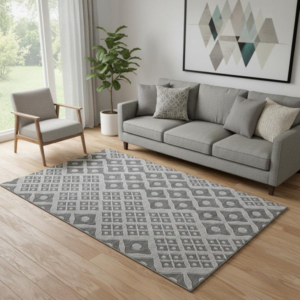HomeRoots 5' X 8' Gray and Charcoal Geometric Area Rug - Washable, Stain-Resistant, UV Protected for Modern Homes 668726