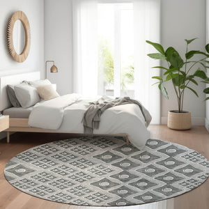 HomeRoots 8' Gray and Charcoal Geometric Round Rug - Washable, UV Protected, Durable for Kids and Pets! 668727