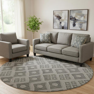 HomeRoots 8' Gray and Charcoal Geometric Round Rug - Washable, UV Protected, Durable for Kids and Pets! 668727