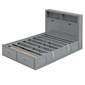 English Elm Wood Full Size Hydraulic Platform Bed with LED Headboard, Charging Station, Hidden Storage Drawers and Shelves Gray GX000371AAE