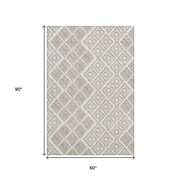 HomeRoots 5' X 8' Ivory & Beige Geometric Washable Area Rug with UV Protection - Stylish, Durable, Easy Care! 668732