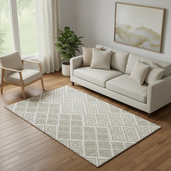 HomeRoots 5' X 8' Ivory & Beige Geometric Washable Area Rug with UV Protection - Stylish, Durable, Easy Care! 668732