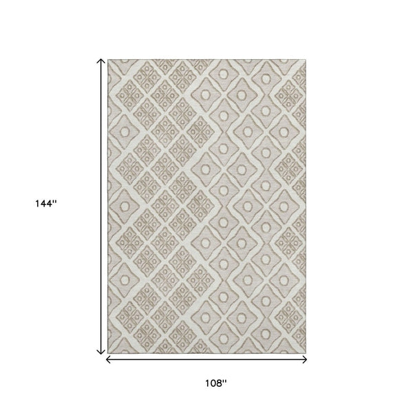 HomeRoots 9' X 12' Ivory & Beige Geometric Area Rug – Washable, Stain-Resistant, UV Protected for Busy Homes 668735