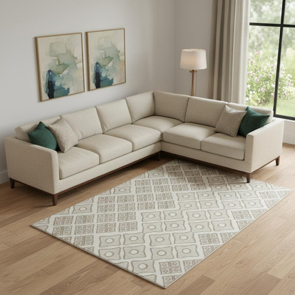 HomeRoots 9' X 12' Ivory & Beige Geometric Area Rug – Washable, Stain-Resistant, UV Protected for Busy Homes 668735