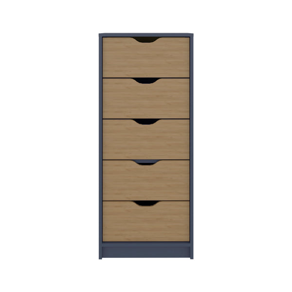 English Elm Kronos Five-Drawer Dresser in Blue & Natural Oak — Modern Storage, Spacious Drawers, Sleek Bedroom Accent B062P402106