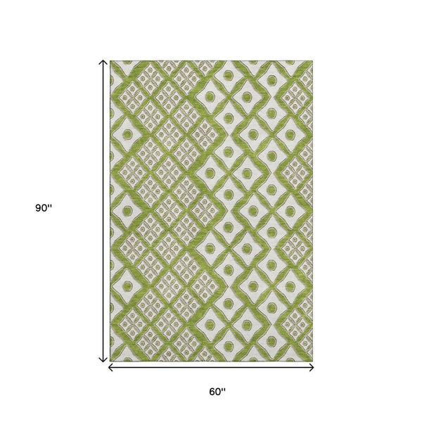 HomeRoots 5' X 8' Modern Lime Green & Ivory Geometric Area Rug – Washable, Stain-Resistant & UV Protected! 668738