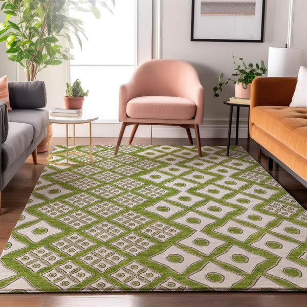 HomeRoots 5' X 8' Modern Lime Green & Ivory Geometric Area Rug – Washable, Stain-Resistant & UV Protected! 668738