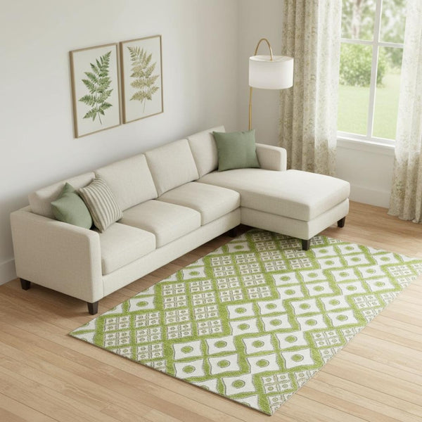 HomeRoots 9' X 12' Vibrant Lime Green & Ivory Geometric Area Rug – Washable, UV-Protected & Stain Resistant! 668741