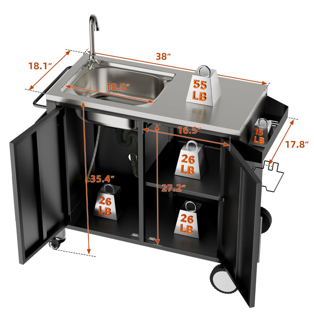 English Elm Outdoor Stainless Steel Grill Cart with Sink Cabinet and Lockable Swivel Wheels W3190P409412
