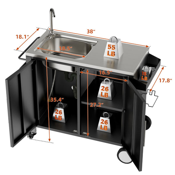 English Elm Outdoor Stainless Steel Grill Cart with Sink Cabinet and Lockable Swivel Wheels W3190P409412