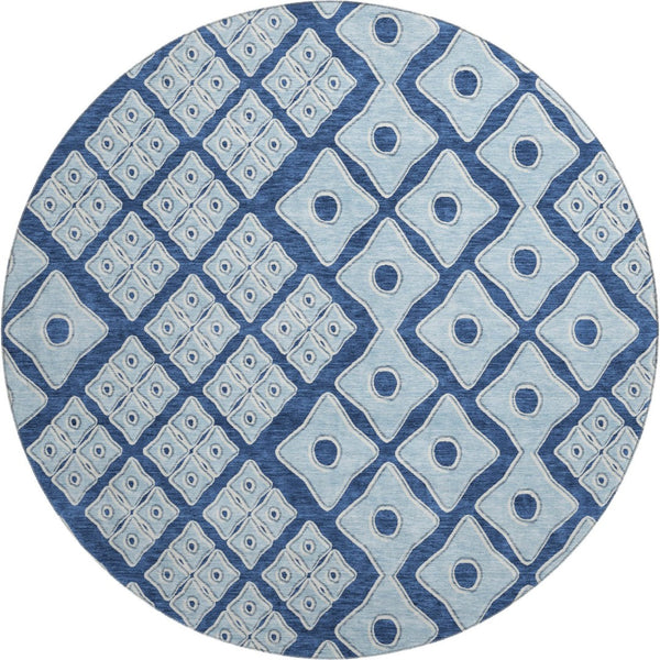 HomeRoots 8' Stylish Navy & Sky Blue Geometric Washable Round Rug with UV Protection - Perfect for Any Space! 668745