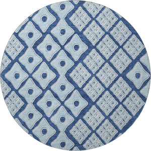 HomeRoots 8' Stylish Navy & Sky Blue Geometric Washable Round Rug with UV Protection - Perfect for Any Space! 668745