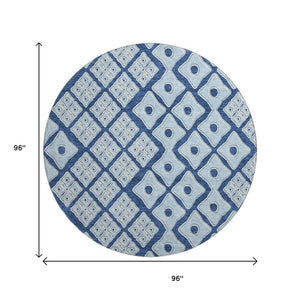 HomeRoots 8' Stylish Navy & Sky Blue Geometric Washable Round Rug with UV Protection - Perfect for Any Space! 668745