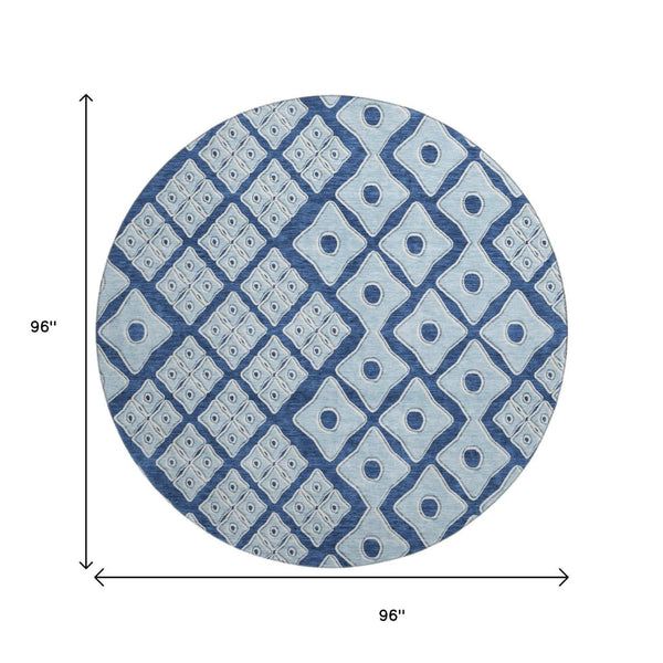 HomeRoots 8' Stylish Navy & Sky Blue Geometric Washable Round Rug with UV Protection - Perfect for Any Space! 668745