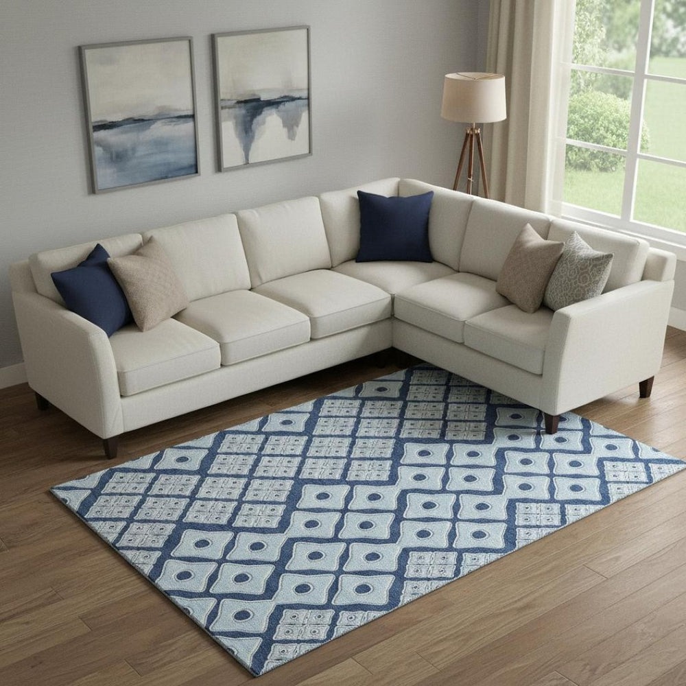 HomeRoots 8' X 10' Stylish Navy & Sky Blue Geometric Area Rug - Washable, UV Protected & Family Friendly Design 668746
