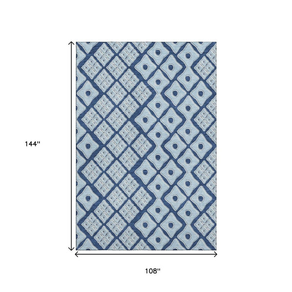 HomeRoots 9' X 12' Navy & Sky Blue Geometric Area Rug - Washable, UV Protected, Stain Resistant & Non-Slip! 668747