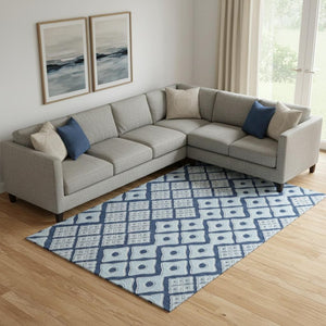 HomeRoots 9' X 12' Navy & Sky Blue Geometric Area Rug - Washable, UV Protected, Stain Resistant & Non-Slip! 668747