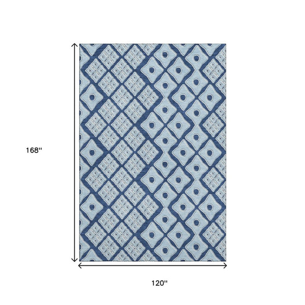 HomeRoots 10' X 14' Navy Blue & Sky Blue Geometric Area Rug - Washable, UV Resistant, Perfect for Busy Homes! 668748