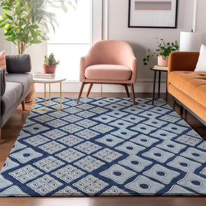 HomeRoots 10' X 14' Navy Blue & Sky Blue Geometric Area Rug - Washable, UV Resistant, Perfect for Busy Homes! 668748