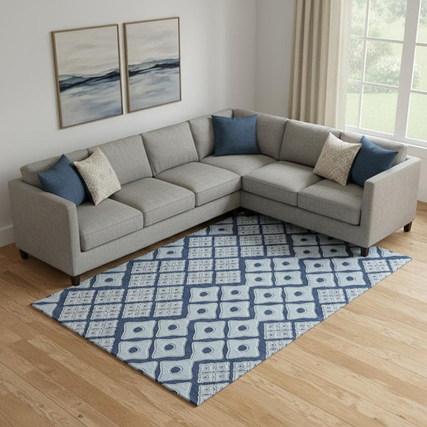 HomeRoots 10' X 14' Navy Blue & Sky Blue Geometric Area Rug - Washable, UV Resistant, Perfect for Busy Homes! 668748