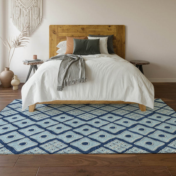 HomeRoots 10' X 14' Navy Blue & Sky Blue Geometric Area Rug - Washable, UV Resistant, Perfect for Busy Homes! 668748