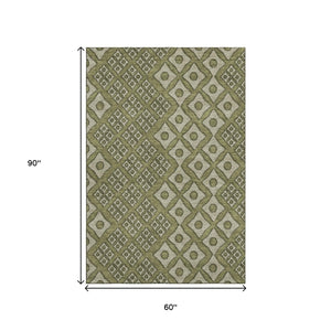 HomeRoots 5' X 8' Olive Green & Beige Geometric Area Rug - Washable, UV-Protected, Perfect for Busy Homes! 668750