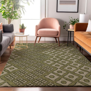 HomeRoots 5' X 8' Olive Green & Beige Geometric Area Rug - Washable, UV-Protected, Perfect for Busy Homes! 668750