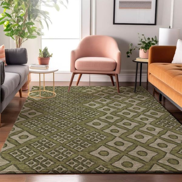 HomeRoots 5' X 8' Olive Green & Beige Geometric Area Rug - Washable, UV-Protected, Perfect for Busy Homes! 668750