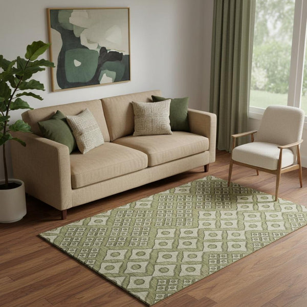 HomeRoots 5' X 8' Olive Green & Beige Geometric Area Rug - Washable, UV-Protected, Perfect for Busy Homes! 668750
