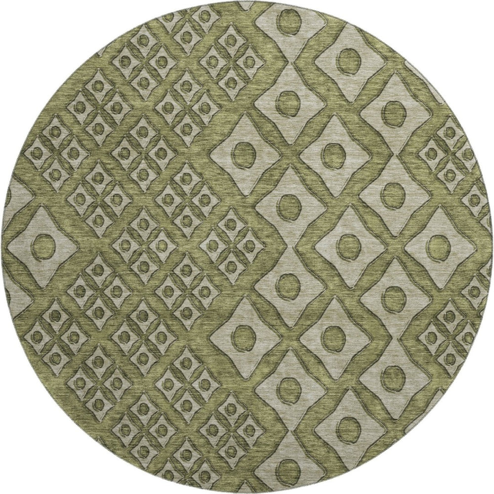 HomeRoots 8' Olive Green & Beige Geometric Washable Round Rug - Durable, Stylish, UV-Protected for High-Traffic Areas 668751