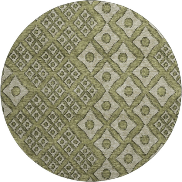 HomeRoots 8' Olive Green & Beige Geometric Washable Round Rug - Durable, Stylish, UV-Protected for High-Traffic Areas 668751
