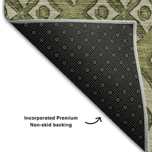 HomeRoots 8' Olive Green & Beige Geometric Washable Round Rug - Durable, Stylish, UV-Protected for High-Traffic Areas 668751