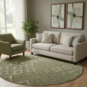 HomeRoots 8' Olive Green & Beige Geometric Washable Round Rug - Durable, Stylish, UV-Protected for High-Traffic Areas 668751