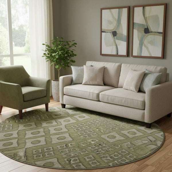 HomeRoots 8' Olive Green & Beige Geometric Washable Round Rug - Durable, Stylish, UV-Protected for High-Traffic Areas 668751