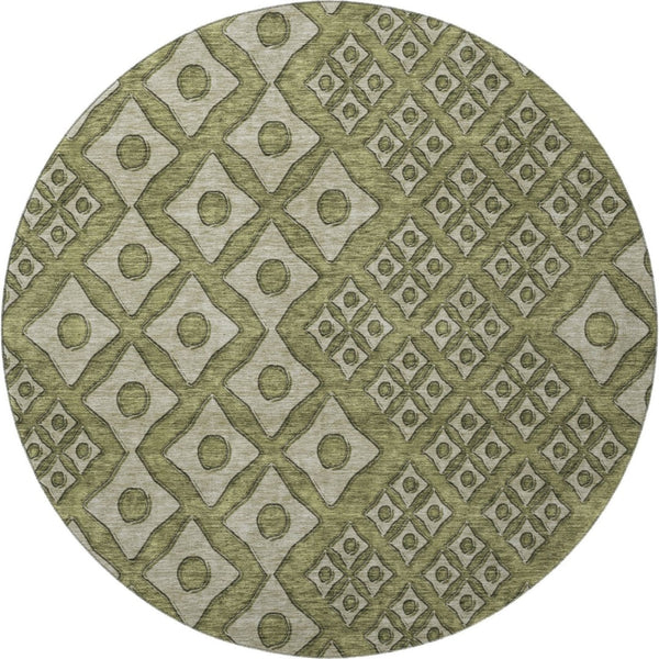 HomeRoots 8' Olive Green & Beige Geometric Washable Round Rug - Durable, Stylish, UV-Protected for High-Traffic Areas 668751