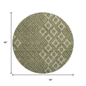 HomeRoots 8' Olive Green & Beige Geometric Washable Round Rug - Durable, Stylish, UV-Protected for High-Traffic Areas 668751