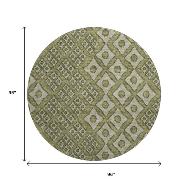 HomeRoots 8' Olive Green & Beige Geometric Washable Round Rug - Durable, Stylish, UV-Protected for High-Traffic Areas 668751
