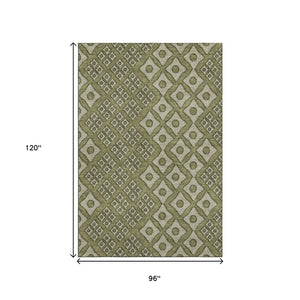 HomeRoots 8' X 10' Olive Green & Beige Geometric Area Rug - Washable, UV Protected, Stain-Resistant Design 668752