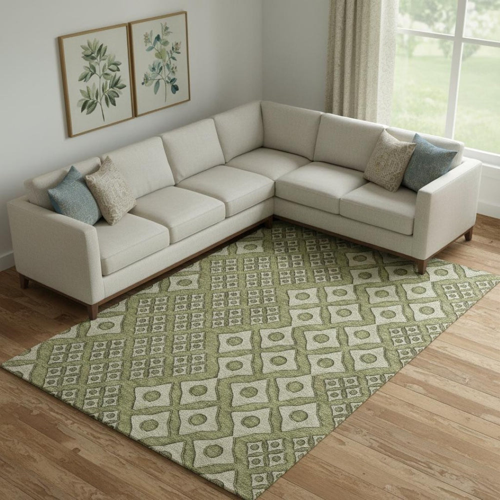 HomeRoots 8' X 10' Olive Green & Beige Geometric Area Rug - Washable, UV Protected, Stain-Resistant Design 668752