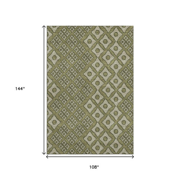 HomeRoots 9' X 12' Stylish Olive Green & Beige Geometric Area Rug - Washable, Stain-Resistant, UV-Protected! 668753