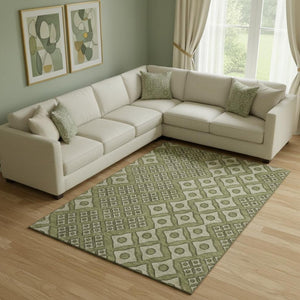 HomeRoots 9' X 12' Stylish Olive Green & Beige Geometric Area Rug - Washable, Stain-Resistant, UV-Protected! 668753