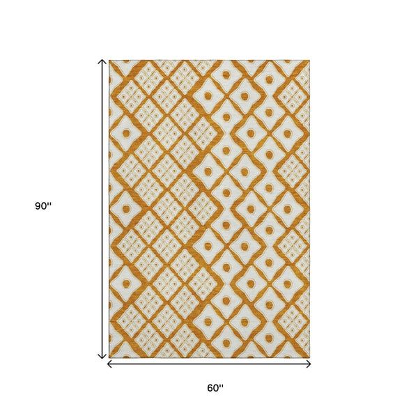 HomeRoots 5' X 8' Orange and Ivory Geometric Area Rug - Washable, UV Protected, Stain Resistant for Busy Homes 668756