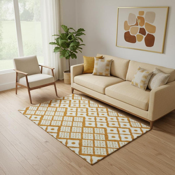 HomeRoots 5' X 8' Orange and Ivory Geometric Area Rug - Washable, UV Protected, Stain Resistant for Busy Homes 668756