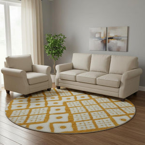HomeRoots 8' Orange Geometric Round Rug - Modern UV-Protected, Washable, Stain-Resistant Design for Any Room 668757