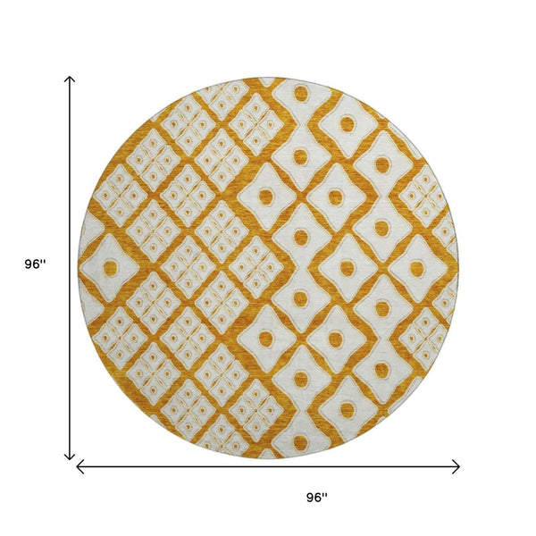 HomeRoots 8' Orange Geometric Round Rug - Modern UV-Protected, Washable, Stain-Resistant Design for Any Room 668757