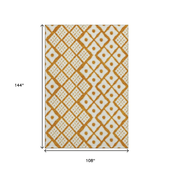 HomeRoots 9' X 12' Orange & Ivory Geometric Area Rug - Stylish Washable Design with UV Protection & Durability 668759