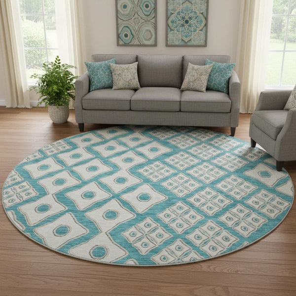 HomeRoots 8' Teal And Ivory Geometric Round Rug - Washable, UV Protected, Durable, Perfect for High-Traffic Spaces 668763