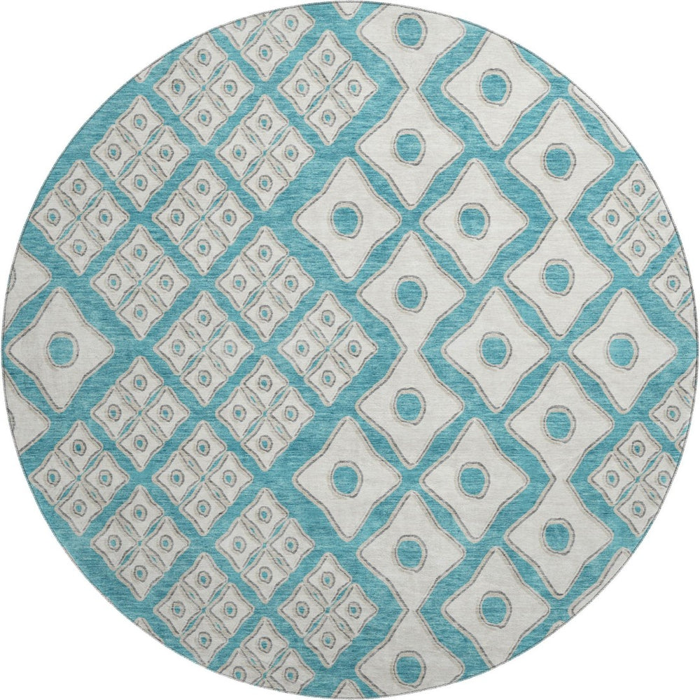 HomeRoots 8' Teal And Ivory Geometric Round Rug - Washable, UV Protected, Durable, Perfect for High-Traffic Spaces 668763