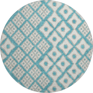HomeRoots 8' Teal And Ivory Geometric Round Rug - Washable, UV Protected, Durable, Perfect for High-Traffic Spaces 668763